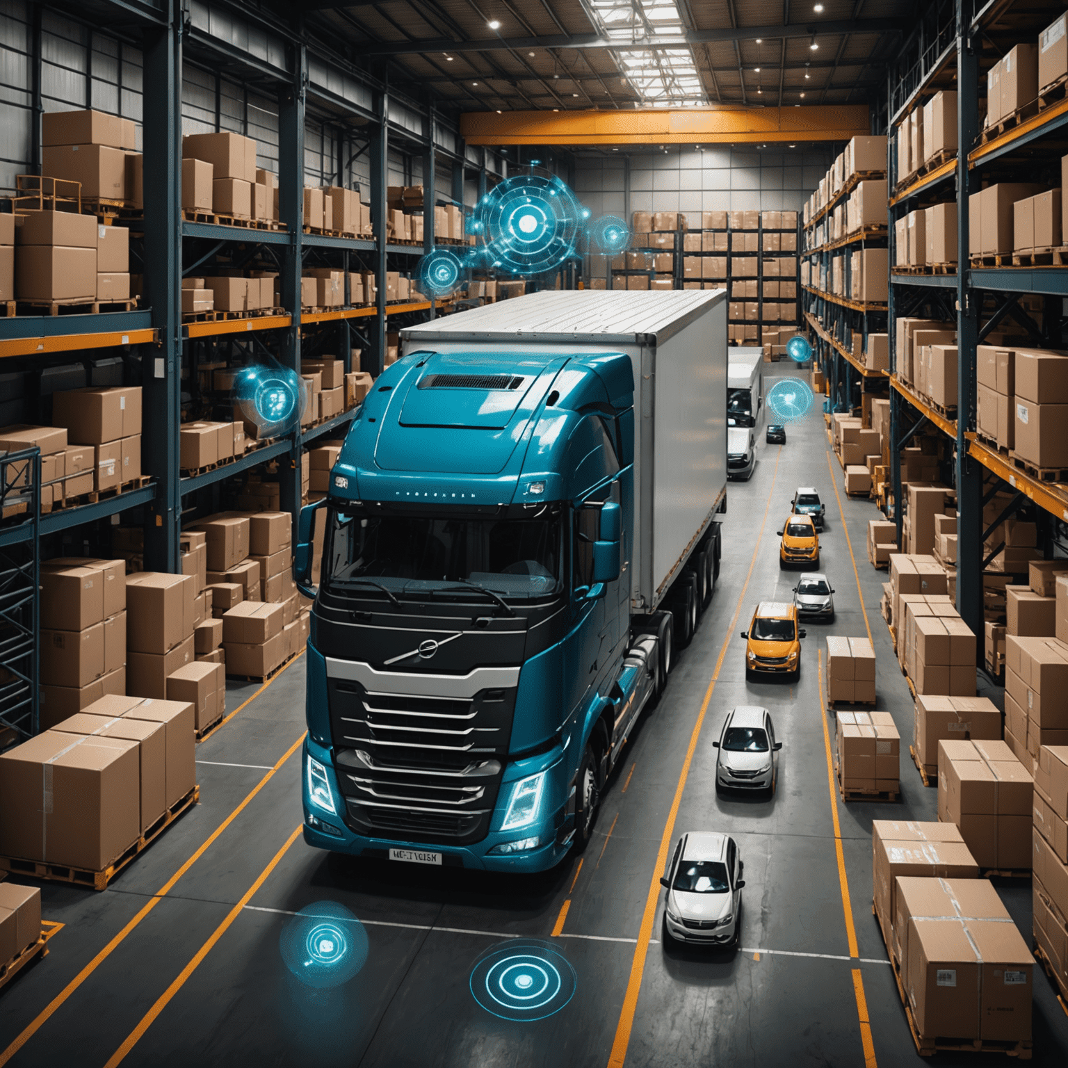 Network of connected devices and sensors on trucks and warehouses, with data streams flowing into a central analytics platform. Visualizations of big data processing and IoT device management are prominently displayed.